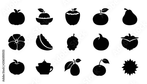Set Of Fresh Fruit Silhouettes Collection Including Apple Pear Orange And Exotic Food Vector Icons Isolated On A White Background For Graphic Design