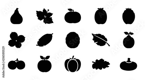 Fruits and Foliage Silhouette Collection Featuring Various Orchard Harvest Shapes and Decorative Botanical Elements for Natural Graphic Design Projects