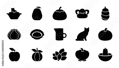Minimalist Food And Animal Silhouette Icon Set Featuring Assorted Vegetables Fruits Drinks And Cute Pet Cats For Graphic Design UI UX Web Projects