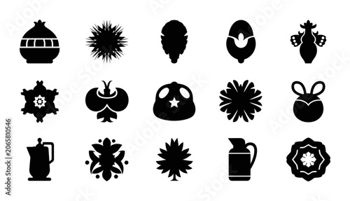 Minimalist Black Icon Set Featuring Diverse Geometric Floral Shapes Botanical Elements And Kitchenware Silhouettes For Modern Graphic Design Projects