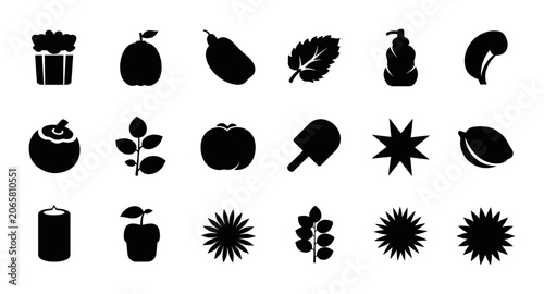 Food And Nature Silhouette Icon Set Featuring Assorted Fruit Vegetable And Botanical Graphic Elements For Organic Farming Or Healthy Lifestyle Projects