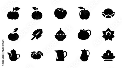 Food And Beverage Silhouette Icon Set Featuring Fresh Fruits Teapots Kitchenware And Culinary Elements For Modern Menu Design And Digital Branding