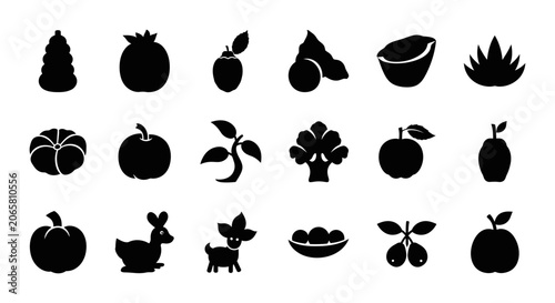 Food And Nature Silhouette Icon Collection Set Featuring Assorted Fresh Organic Fruits Vegetables Plants And Animal Shapes For Culinary Graphic Design