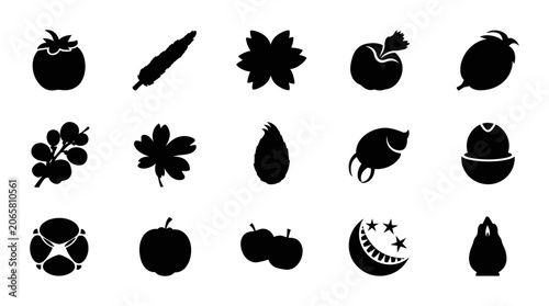 Vegetable And Fruit Silhouette Icon Set Featuring Diverse Fresh Produce Shapes Collection For Organic Food Design And Healthy Eating Graphics Vector