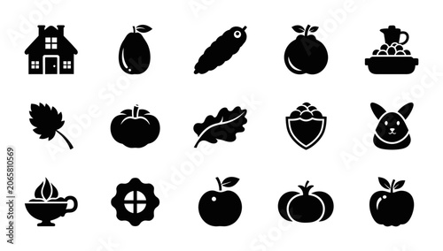 Collection Of Nature Inspired Icons Featuring Farmhouse Silhouettes Fruits Vegetables Seasonal Leaves And Woodland Animals For Creative Design Projects