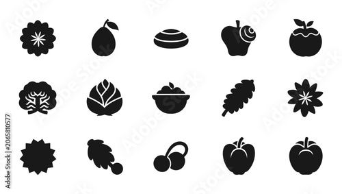Healthy Organic Fruit And Vegetable Vector Icon Set Featuring Fresh Garden Produce Icons For Nutritional Diet And Seasonal Food Culinary Collection
