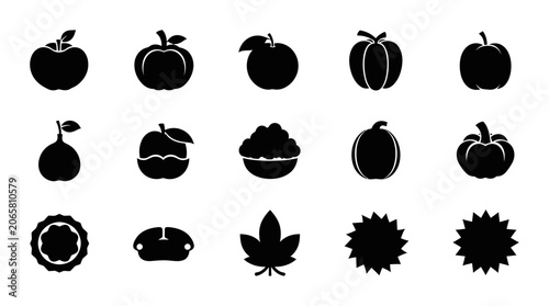 Set Of Autumn Seasonal Icons Featuring Pumpkins Apples Leaves And Harvest Fruits In Black Silhouette Style For Thanksgiving Graphic Design Projects