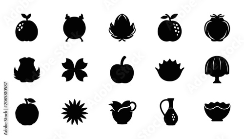 Food And Nature Silhouette Icon Set Featuring Assorted Fresh Fruit And Vegetable Shapes With Kitchen Utensils For Culinary Web Graphic Designs