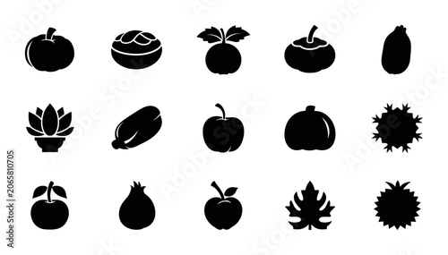 Fruit And Vegetable Silhouette Icon Collection Set Featuring Assorted Organic Plant Shapes And Botanical Food Elements For Healthy Nutrition Design