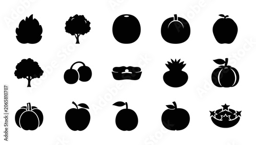 Fruit And Tree Silhouette Vector Collection Set Featuring Fresh Organic Produce Apple Cherry Orange And Garden Nature Vegetation Graphic Icon Elements