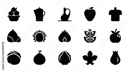 Healthy Food And Culinary Ingredients Silhouette Icon Set Featuring Fresh Fruits Vegetables Kitchenware And Organic Produce Symbols Collection Pack