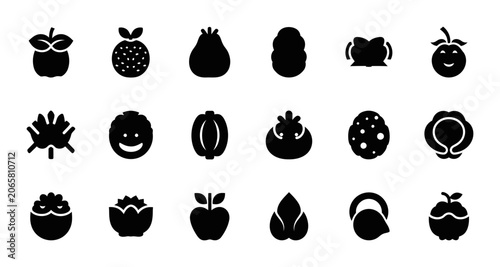 Organic Fruit And Vegetable Silhouette Icon Set Featuring Healthy Farm Produce Shapes Isolated On White Background For Vegan Food Design Projects