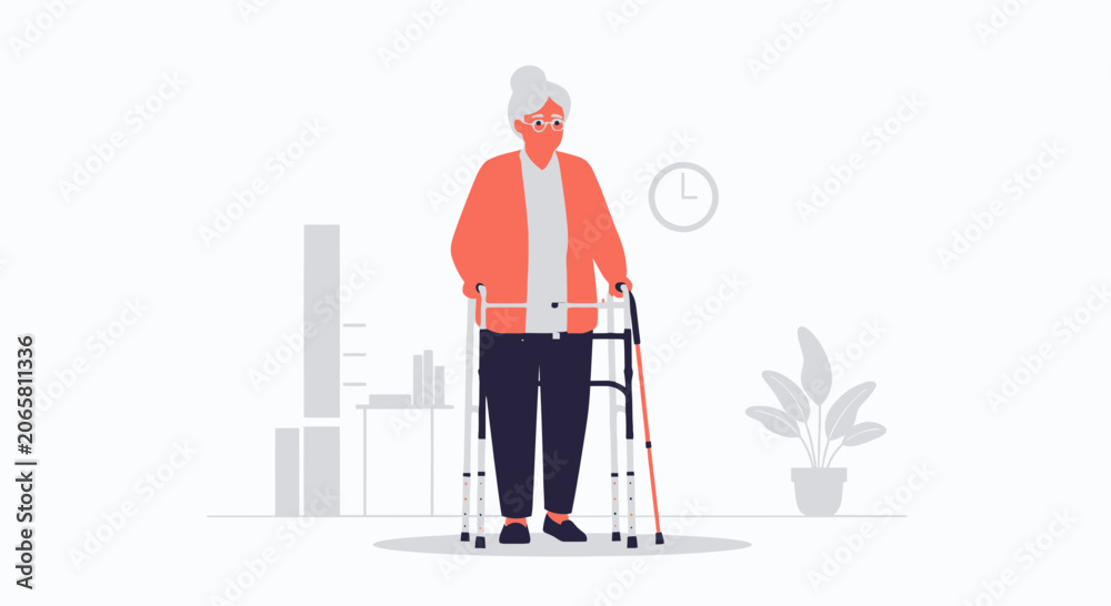 Fototapeta premium Elderly woman with walker, symbolizing independence and active aging in a modern home.