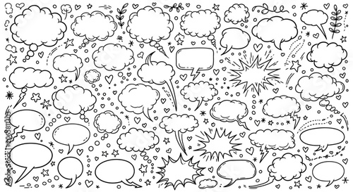 фотографія A black and white illustration of various comic book style speech bubbles, cloud