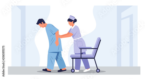 Nurse assisting elderly man in a wheelchair, healthcare support flat illustration
