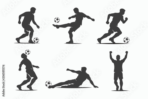A set of black silhouette illustrations of soccer players in various poses