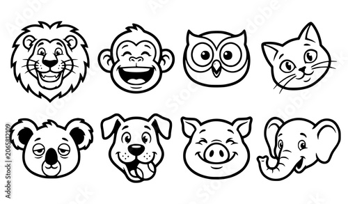 Canvas Print Cute Cartoon Animal Face Icon Set with Lion Monkey Owl Cat Koala Dog Pig and Ele