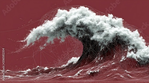 White frothy ocean wave crashing against red rocky cliff in bright daylight water
