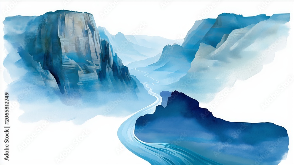 Fototapeta premium Peaceful scenic watercolor mountain landscape with flowing river and misty blue cliffs for nature and travel inspiration