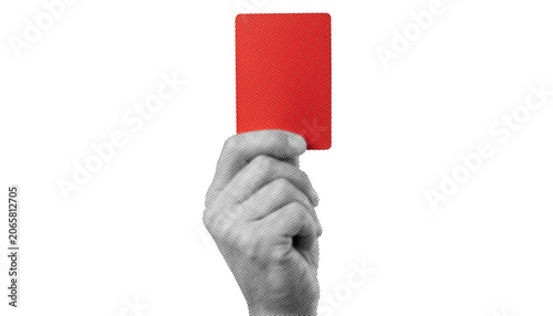 Photography Halftone Style Black and White Hand Holding Up a Blank Vivid Red Card Isolated o