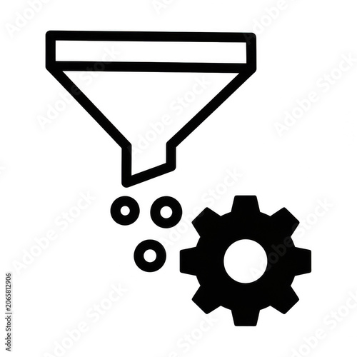 Data processing funnel and gear mechanism icon with processing