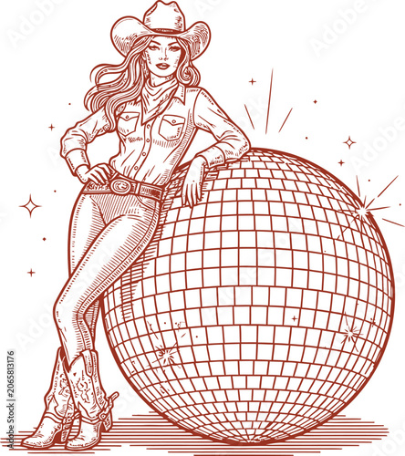 Vintage engraving of a cowgirl leaning on a sparkling disco ball retro western style illustration