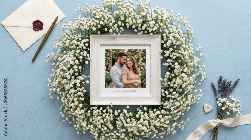 Fototapeta premium Romantic Couples Photo Framed in Delicate Babys Breath Wreath with Vintage Envelope.