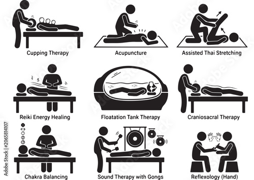 Alternative medicine and holistic therapy icons set, 9 wellness treatment vector pictograms, cupping acupuncture and reiki healing symbols