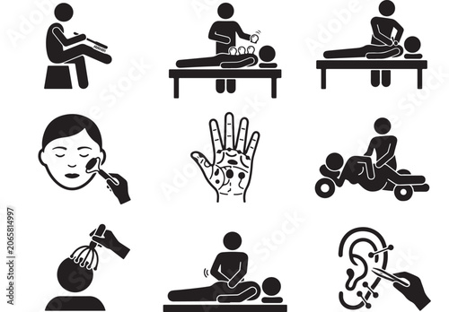 Alternative medicine and massage therapy icons set, holistic body treatment pictograms, 9 acupuncture and reflexology vector symbols