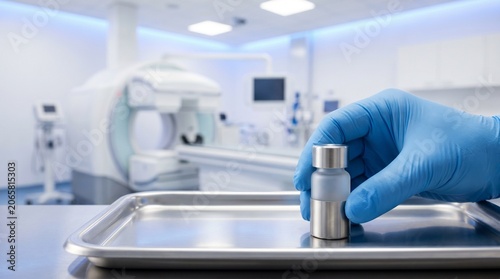 Clinician holding shielded radiopharmaceutical vial on sterile tray in imaging suite, concept of nuclear medicine, PET CT tracer preparation and diagnostic oncology care.