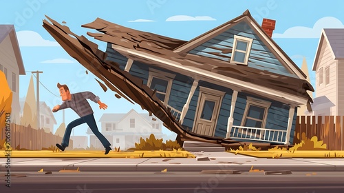 Wooden house with a dog jumping off the roof into a pool