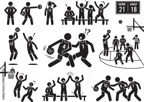 Basketball stick figure icons set, black and white sports athlete silhouettes, basketball game action poses and team competition vector
