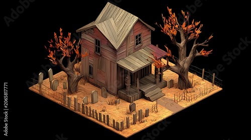 Wooden model house with autumn leaves and a white picket fence on a transparent base