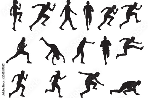 Athletic runner silhouettes set, 15 sprinting and jogging man and woman figures. Black sports people icons, active lifestyle vector elements for fitness design.