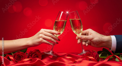 Romantic champagne lifestyle scene with roses and satin, elegant luxury Valentine background with soft cinematic lighting and copy space