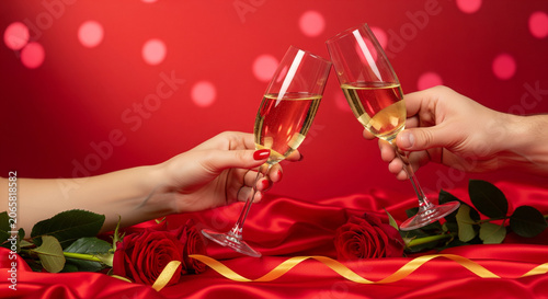 Horizontal luxury Valentine champagne toast with crystal glasses, red roses and satin fabric, elegant wide composition with copy space for ads