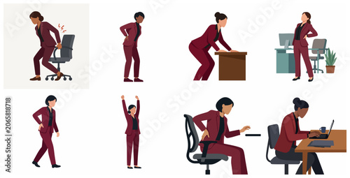 Fotografía Set of businesswomen suffering from back pain and poor posture in office, sedent