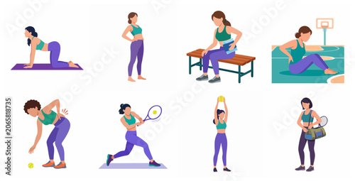 Fotografía Vector set of women characters in various sports activities, fitness exercises,