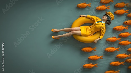 Yellow rubber duck floating among scattered orange rubber ducklings