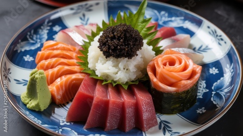Fresh sashimi platter with salmon, tuna, and squid on blue ceramic plate