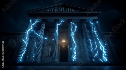 Neoclassical building facade illuminated at night with dramatic blue lighting and greek columns