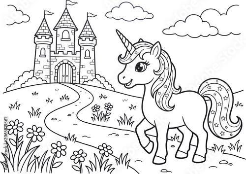 Fotografie Cute cartoon unicorn coloring page featuring a magical fairy tale castle on a hi
