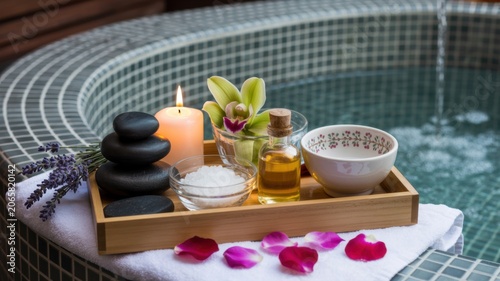 Serene Spa Relaxation Setup With Candles And Natural Elements By Poolside