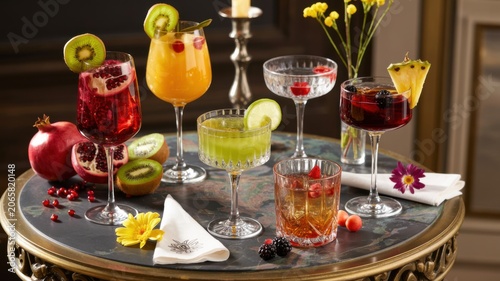 Refreshing Cocktail Drinks with Fruits and Flowers on Elegant Glass Table
