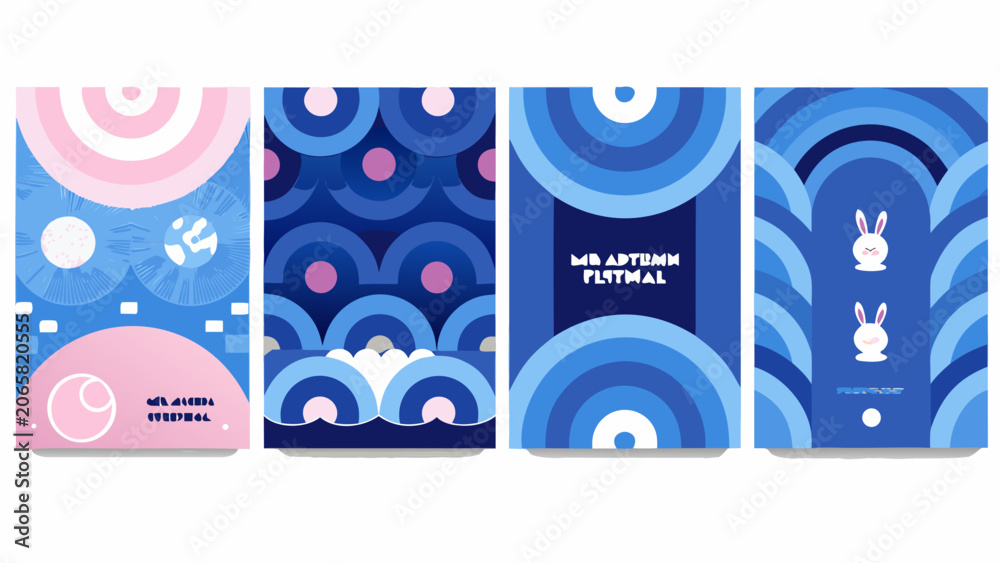 Obraz premium Concentric arc pattern collection vector illustrations with varying color schemes and thematic elements