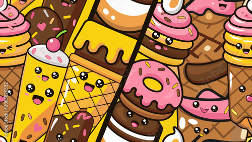 Foto Kawaii Dessert Pattern Featuring Smiling Ice Cream Donuts And Chocolate Treats V