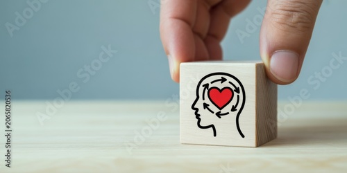 Hand Holding Wooden Block With Drawn Brain And Heart Symbolizing Mental Health