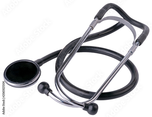 Black stethoscope with chrome metal parts on an isolated background.	