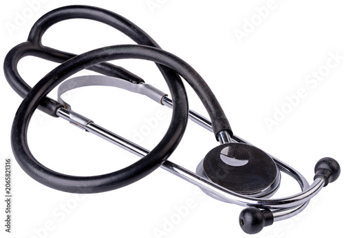 Black stethoscope with chrome metal parts on an isolated background.	
