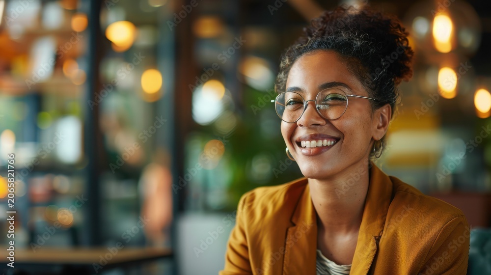 Obraz premium Professional woman wearing glasses smiles brightly while working in a vibrant office space with warm bokeh lights.